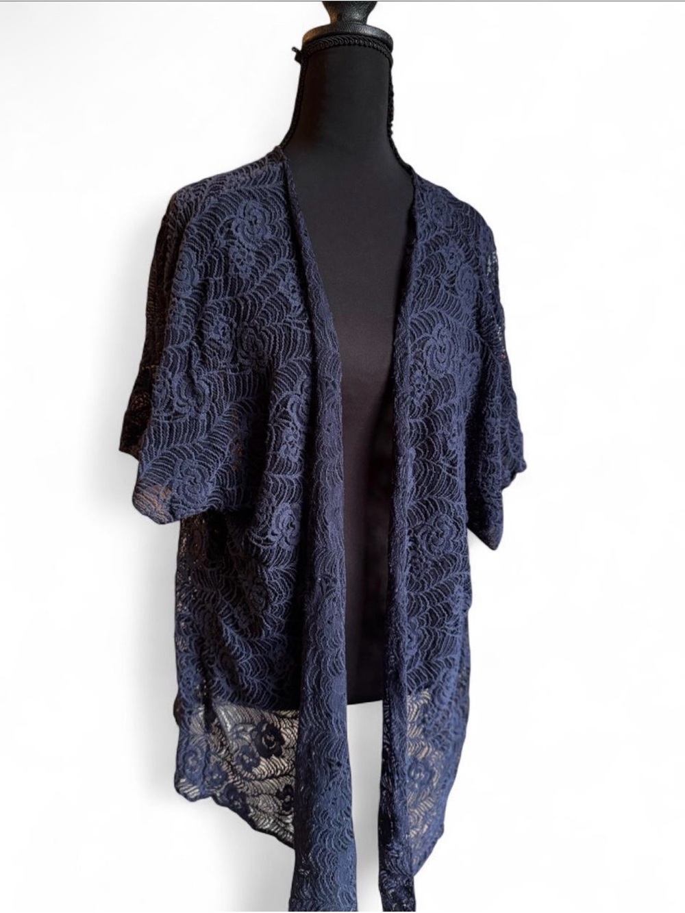 Women's Navy Lace Open-Front Kimono Vest